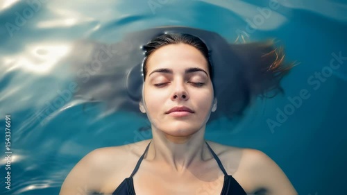 A woman's face with closed eyes and wet hair floating on the surface of dark blue water. Total relaxation and sensory deprivation concept. Use for spa, floatation therapy, or wellness retreats