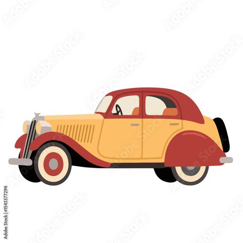 Vintage two-tone yellow and red car with spare tire side view.