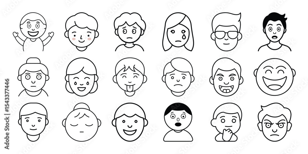 Collection of eighteen diverse cartoon faces showing various emotions isolated on white background Collection of eighteen diverse cartoon faces showing various emotions isolated on white background