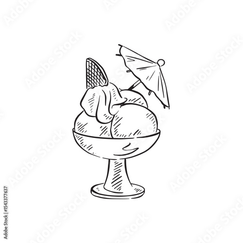 An ice cream sundae drawn in black and white with an umbrella on top with whipped cream