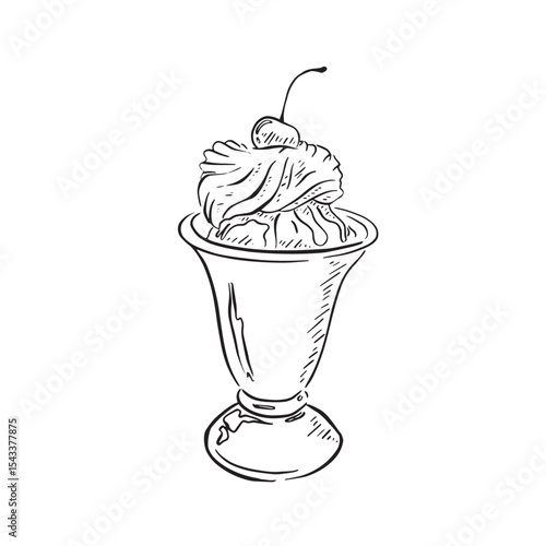 An ice cream sundae drawn in black and white with a cherry on top with whipped cream
