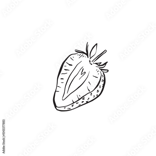 A cut strawberry illustration in black and white.