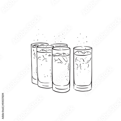 Five soft drinks in long glasses with bubbles and ice.