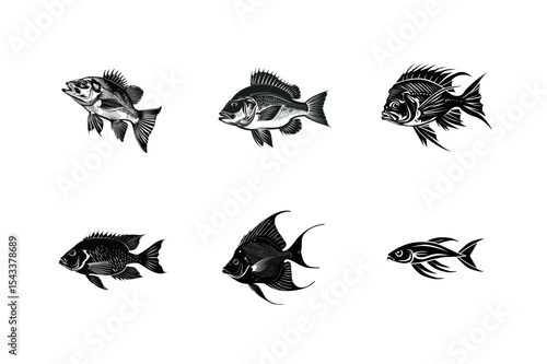 Six black and white fish illustrations