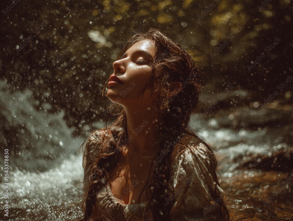Obraz premium Woman bathed in sunlight, by a flowing waterfall.