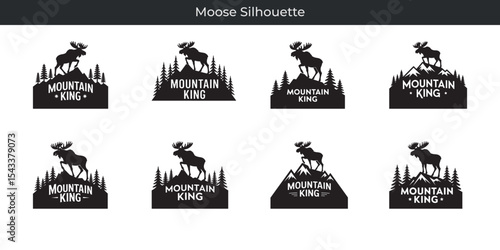Elegant black and white moose silhouette design with mountain and forest elements perfect for branding