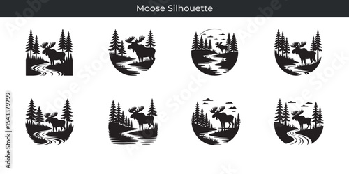 Stunning black moose silhouette designs depicting woodland landscapes and nature scenes