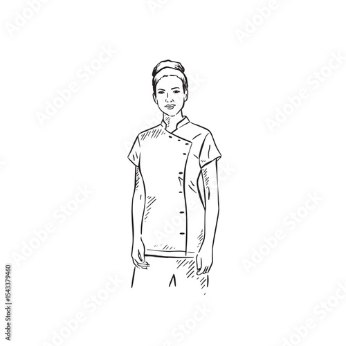 A masseuse lady in a smart uniform. Hand drawn in black. 