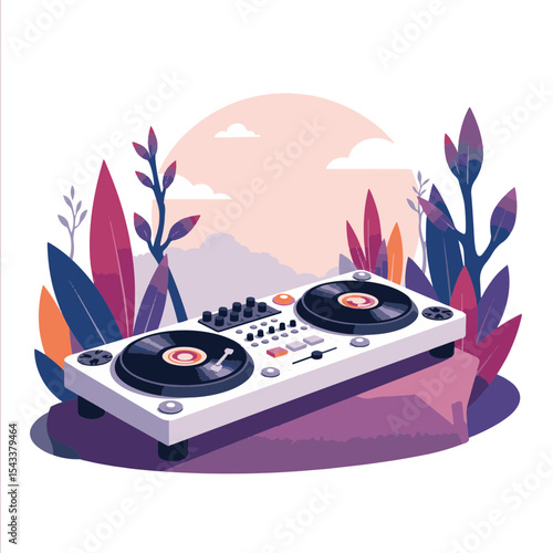 Modern DJ turntable set amidst abstract outdoor scenery, music vibes