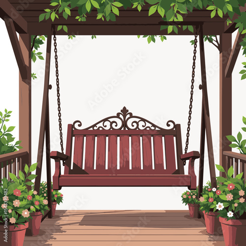 Elegant porch swing nestled in blooming garden, inviting relaxation
