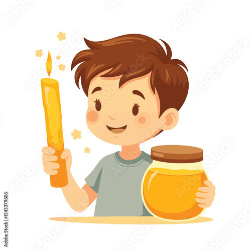 Joyful boy holding beeswax candle and honey jar against white background, warmth and sweetness