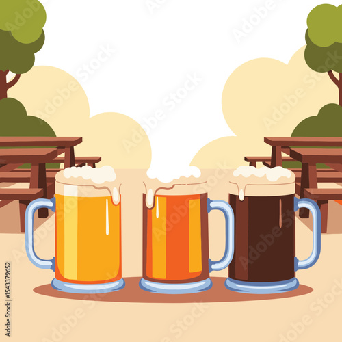 Colorful beer mugs in outdoor beer garden, celebration atmosphere