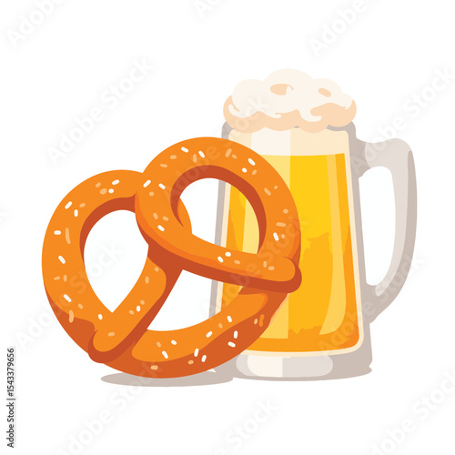 Golden-brown pretzel with beer stein on white background, snack concept