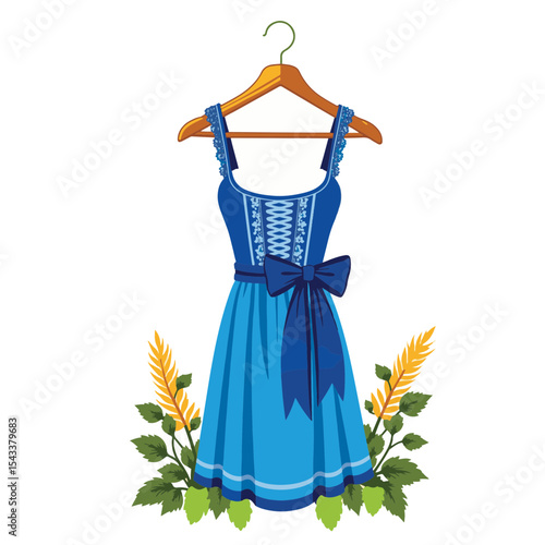 Vibrant blue dirndl dress on hanger with floral accents, Bavarian culture