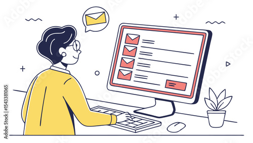 Person checking email on computer with plant and mouse, office setting, email notification icon