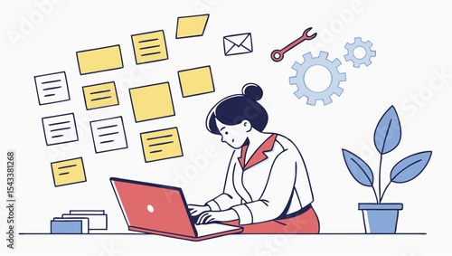 Illustration of woman working on laptop with sticky notes and gears in the background at the office
