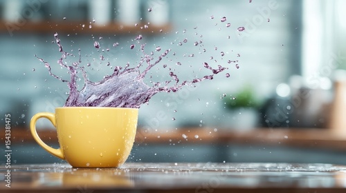 A vibrant splash of purple liquid erupts from a yellow mug against a blurred kitchen background, capturing the dynamic interplay of color and motion in everyday life.