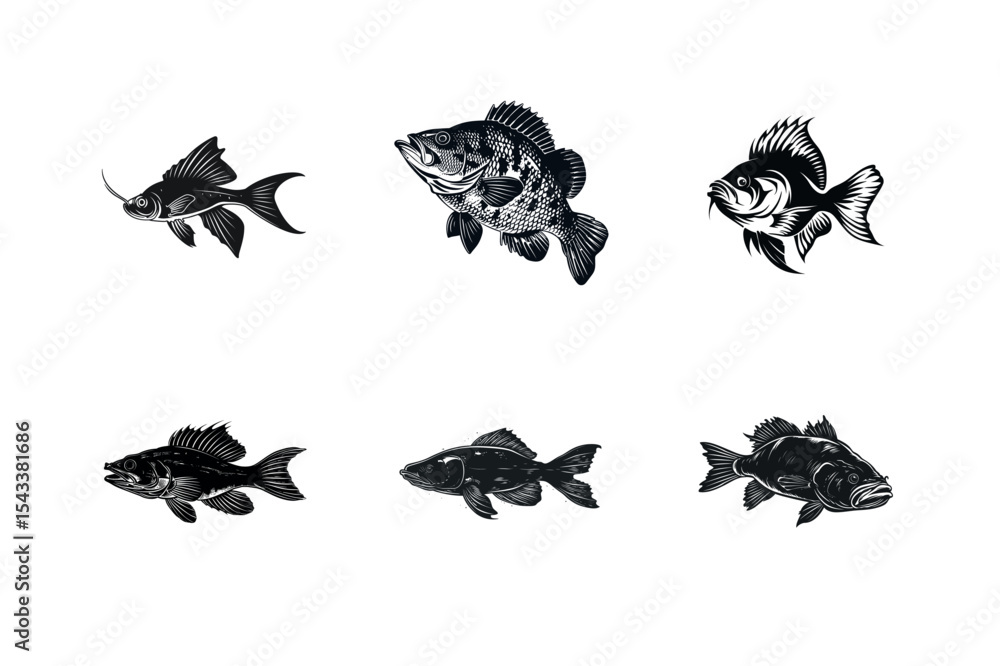 Naklejka premium Six black and white fish illustrations