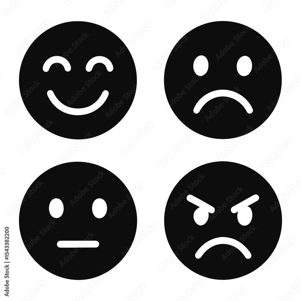 Four black circular emoji icons displaying different emotions: happy, sad, neutral, and angry face on transparent background Four black circular emoji icons displaying different emotions: happy, sad, neutral, and angry face on transparent background
