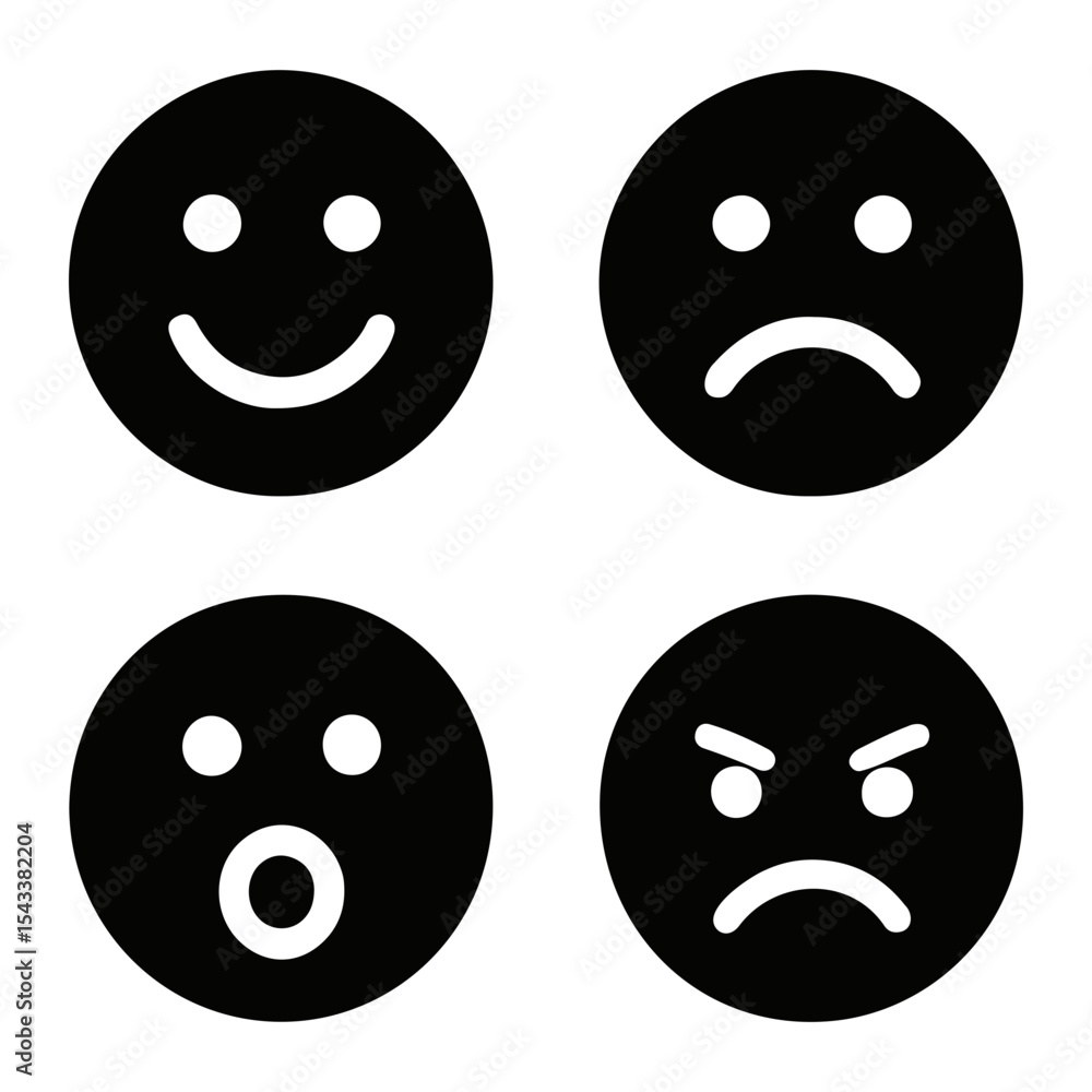 Obraz premium Four black circle emoticons displaying different emotions including happy sad surprised and angry faces on transparent background