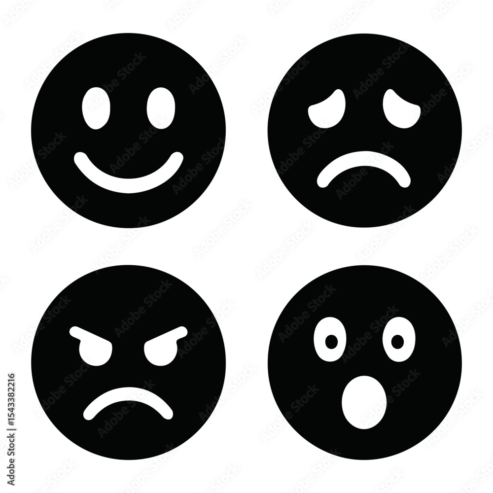 Four different black and white emoji faces displaying various emotions in a square arrangement on transparent background Four different black and white emoji faces displaying various emotions in a square arrangement on transparent background