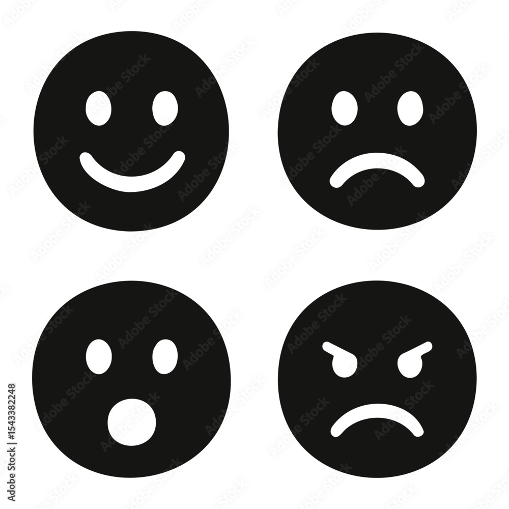 Illustration of four black circular emoticons expressing different emotions and expressions shown here on transparent background Illustration of four black circular emoticons expressing different emotions and expressions shown here on transparent background