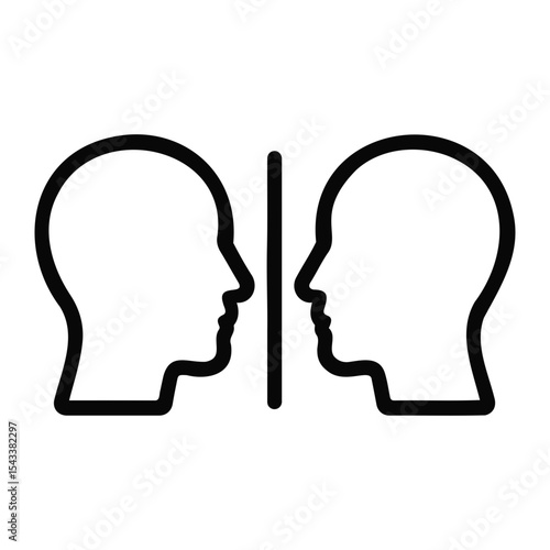 Two mirrored head outlines facing each other with a vertical line separating them in the middle on transparent background