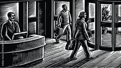 People entering a building through a revolving door with a receptionist at the front desk area
