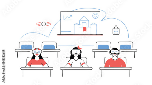 People wearing vr headsets sitting in rows with a screen showing buildings and a graph in the background