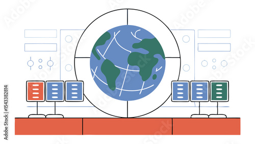 A global control room with monitors displaying data and a large globe in the center frame view