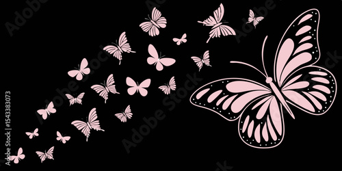 Flying butterflies icon symbols black silhouette vector set. Various butterflies pink shapes set. Design element for print, icon, tattoo. fireflies and butterflies icons isolated on white background.