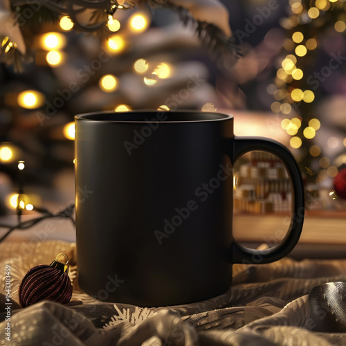 Black mug mockup with Christmas lights