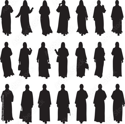 Arabian Muslim Woman Abaya Dress Silhouette Vector Set 