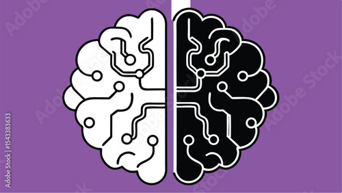 Illustration of a split brain with circuit board design on a purple colored background art concept