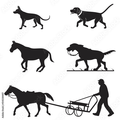 Black and white animal silhouettes including horses dogs and a farmer with a cart
