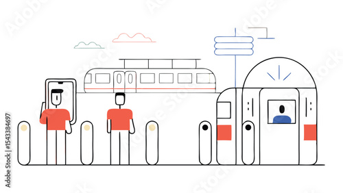 Illustration of people using a subway station with train and ticket booth in a minimalist style