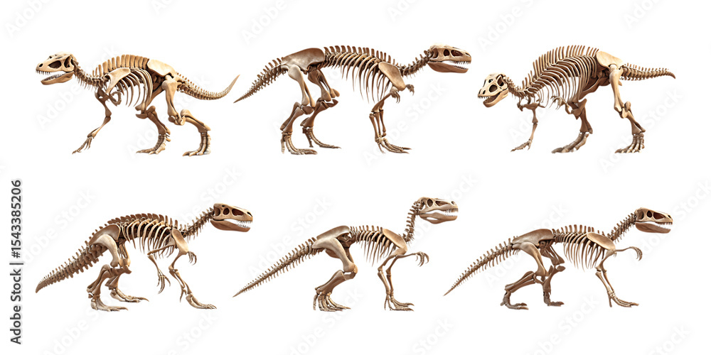 Fototapeta premium Pack Collection TRex Skeletal Poses Dinosaur Anatomy Reference for Artists and Animators set against transparent background