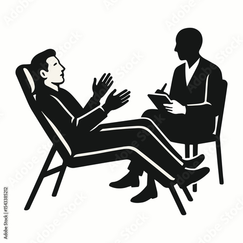 Monochromatic Illustration of Psychotherapy Session Depicts Client Speaking and Therapist Taking Notes in Minimalist Style, Mental Health Awareness