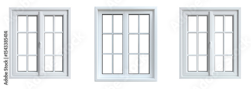 Collection of various 3D visualization of white windows isolated on transparent background