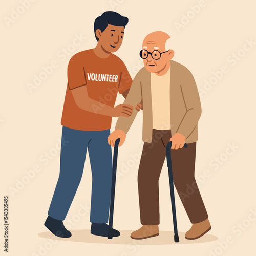 A Caring Volunteer Assists an Elderly Man with His Walking, Showing Compassion and Support in the Community