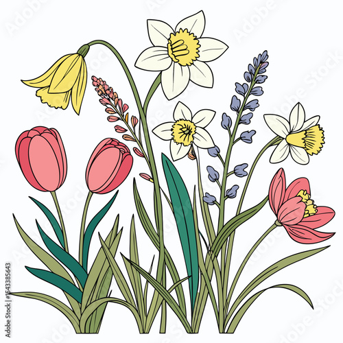 Vibrant hand drawn floral illustration depicting spring blooms with tulips daffodils and blue flowers