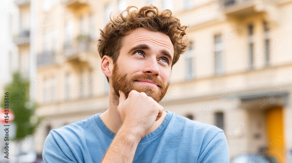 Thoughtful young man with curly hair and beard looking upward outdoors in a city setting Thoughtful young man with curly hair and beard looking upward outdoors in a city setting