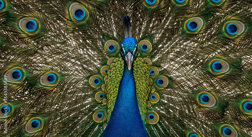 Obraz premium Majestic peacock displaying its iridescent, vibrant tail feathers in full splendor.