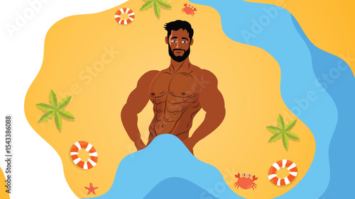 Confident muscular man showing abs while standing on beach with decorations