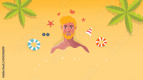 Relaxing blond man enjoying sun on tropical beach with palms and fun icons