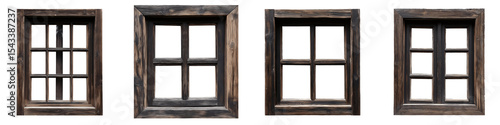 Collection of various 3D old wooden windows isolated on transparent background