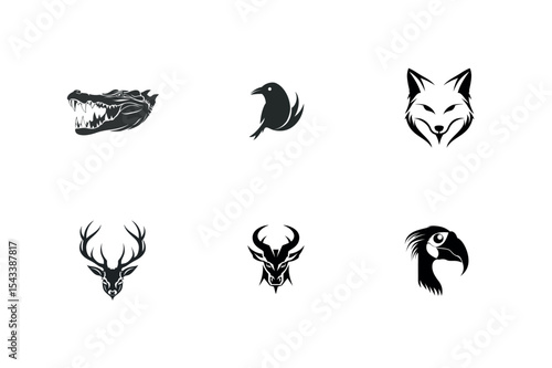 Six stylized animal head logos crocodile crow fox deer goat parrot