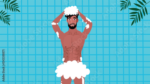 A man cleaning himself with foam in a tropical tile poolside bathroom