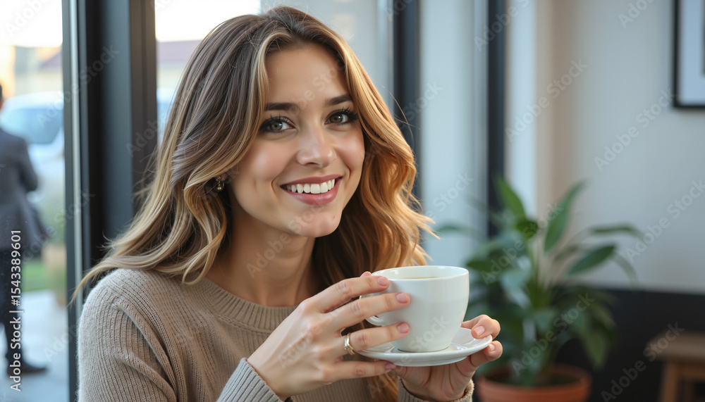 Young woman smiling while holding a cup of coffee indoors Young woman smiling while holding a cup of coffee indoors