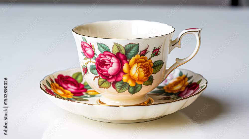 A detailed illustration of an elegant porcelain teacup and saucer set in blue and white . A detailed illustration of an elegant porcelain teacup and saucer set in blue and white .